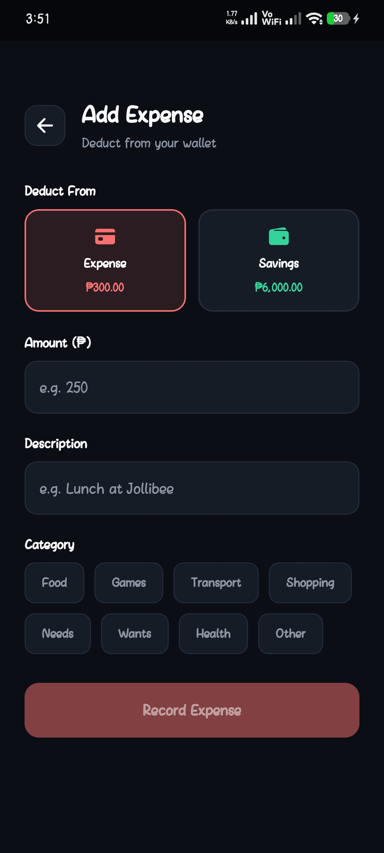 SplitVault add-expense screen