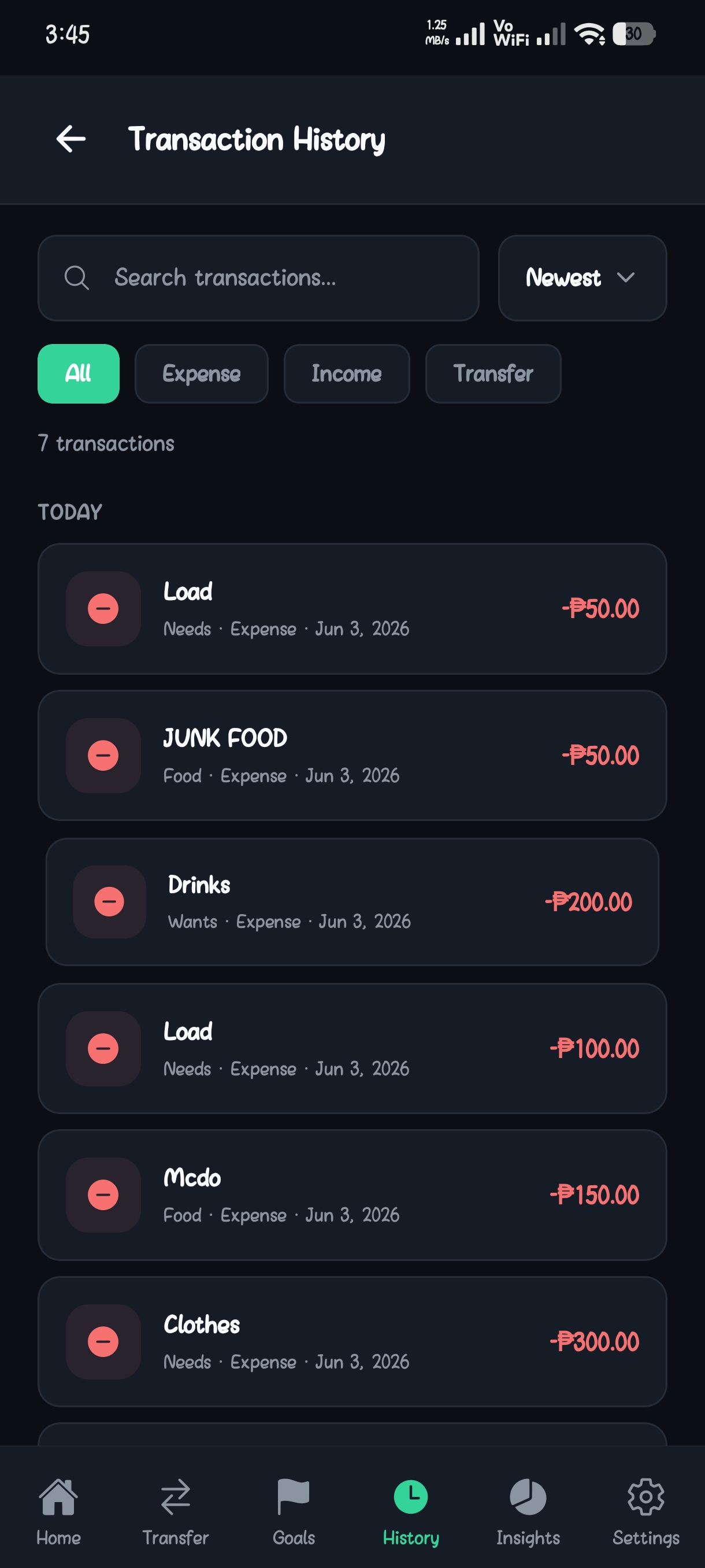 SplitVault transaction history list