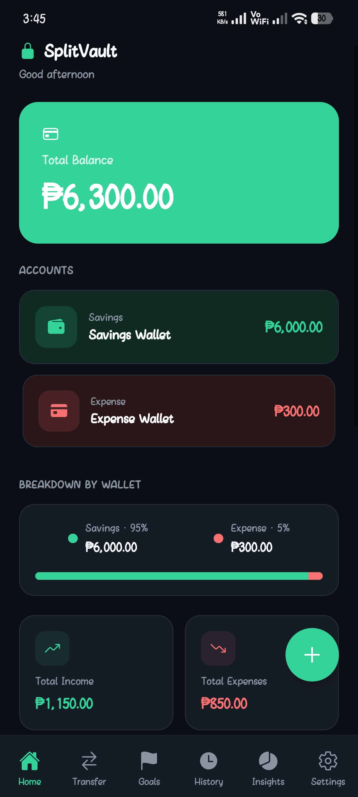 SplitVault home dashboard with total balance and wallets