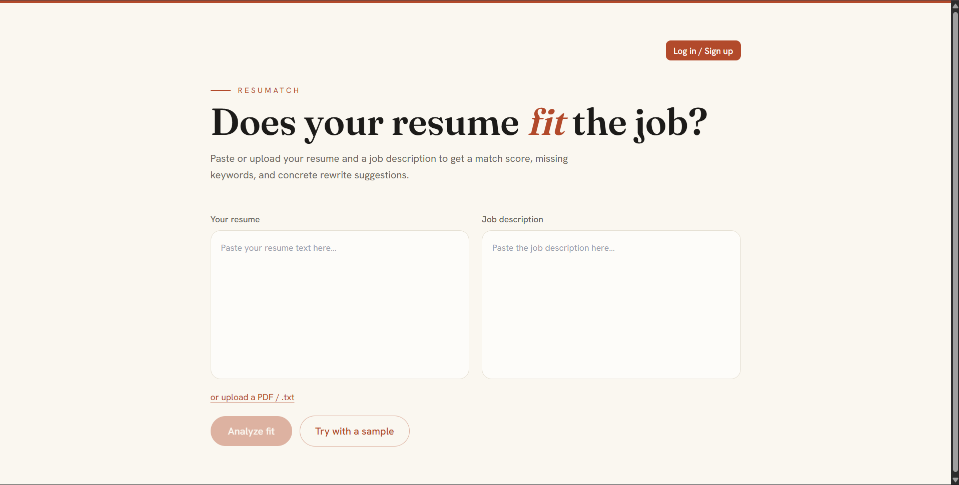ResuMatch home — paste a resume and job description