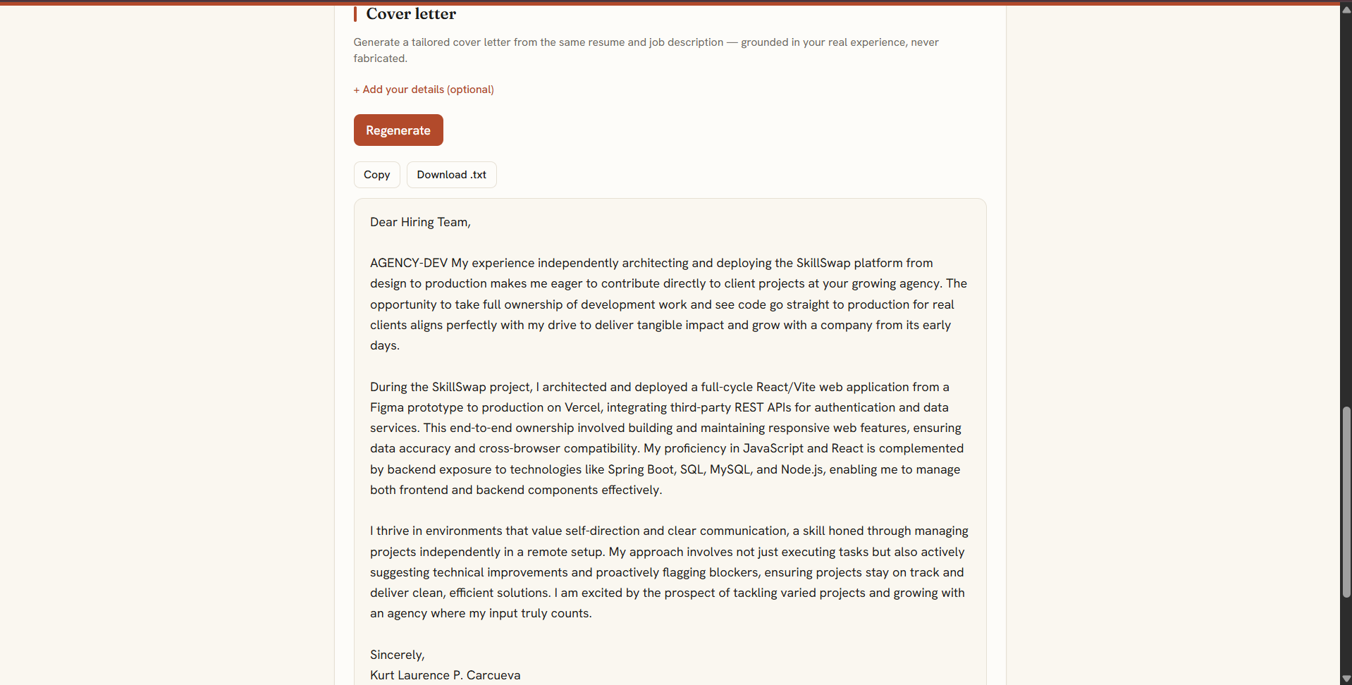ResuMatch AI-generated cover letter