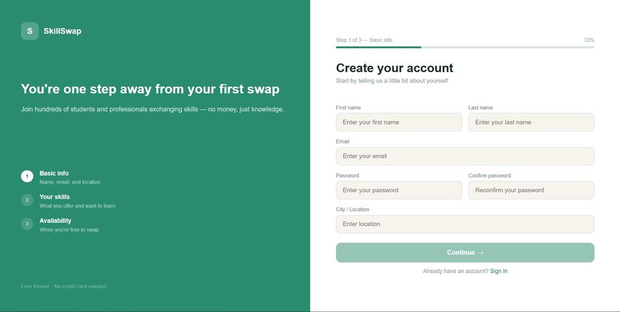 SkillSwap multi-step registration